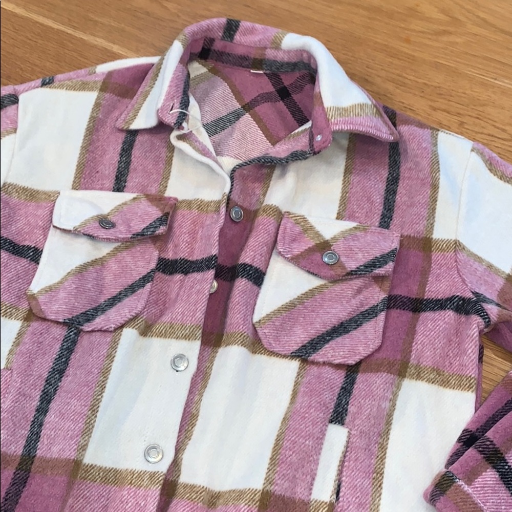 Shacket~ Flannel Button Plaid Jacket Coat Pink L - image 8